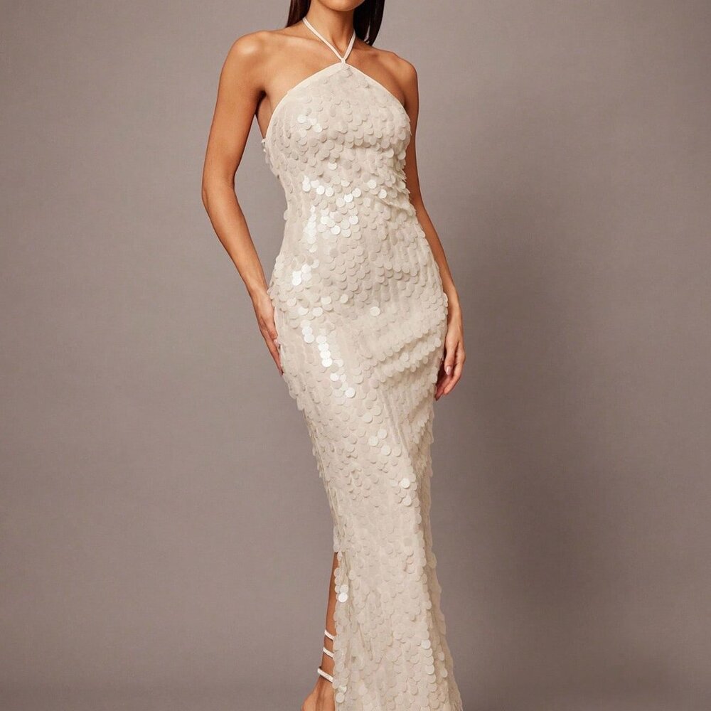 White Sequin Spaghetti Strap Women's Cocktail Dress - Picture 7 of 7